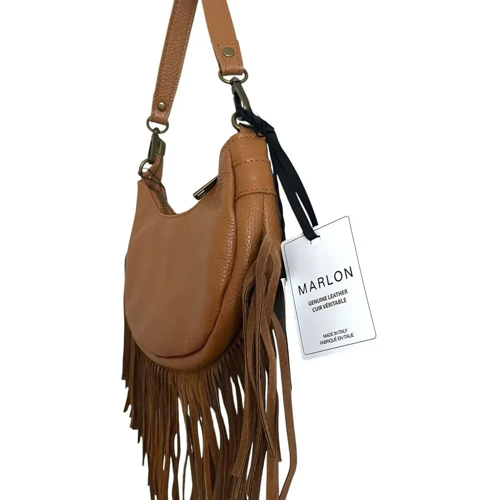 NWT Marlon Italy Leather Fringe Crescent Hobo Bag Brown Western Cowgirl Festival